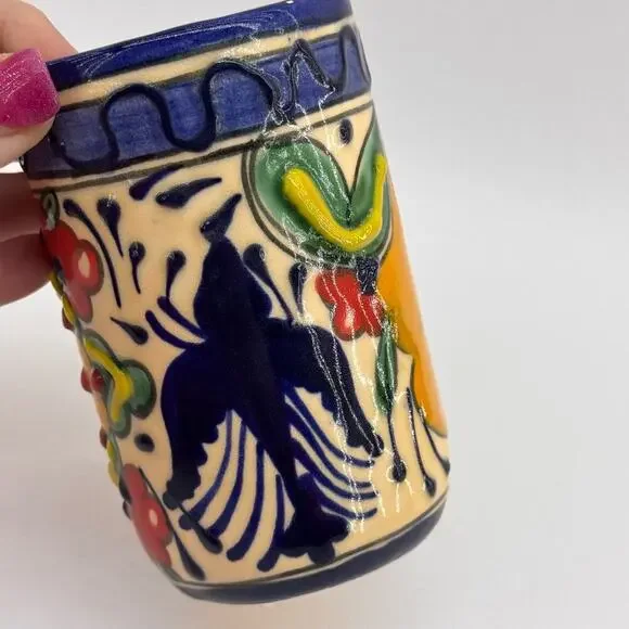 Handmade Mexican Talavera Pottery Highball Glasses Tumblers Set of 2 Floral - Picture 3 of 7